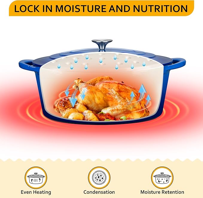 Velaze 7.5 QT Enameled Oval Dutch Oven Pot with Lid, Cast Iron Dutch Oven with Dual Handles for Bread Baking, Cooking, Frying, Non-stick Enamel Coated Cookware竊뉰lue)