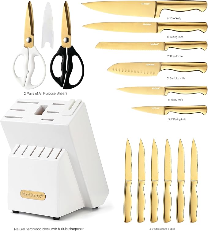 McCook짰 Knife Sets, Golden Titanium Stainless Steel Kitchen Knife Block Sets with Built-in Sharpener