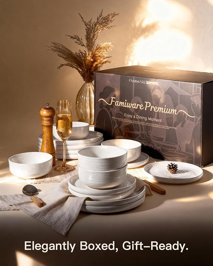 Plates and Bowls Sets for 6, Famiware Premium 18-Piece Stoneware Dinnerware Set - Reactive Glaze with Speckles & Spirals, Chip & Scratch Resistant, Dishwasher Safe, Dish Set with Gift Box, White