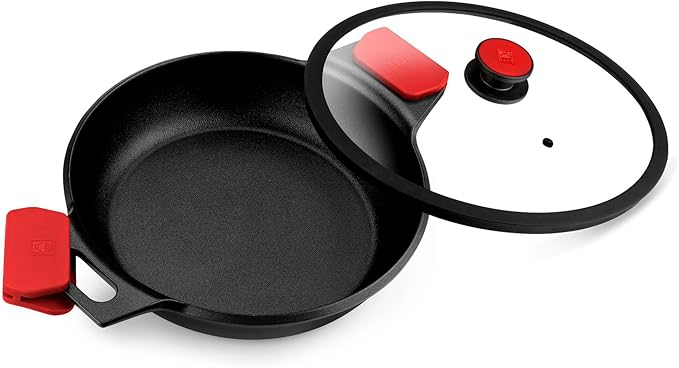BRA COOKWARE Infinity Dual-Handled Saut챕 Pan w/Glass Lid | 11-Inch 2.95-Quart Shallow Stock Pot | Nonstick Cast Aluminum Everyday Chef Pan | PFAS Free Rondeau Pot | All Cooktops incl. Induction