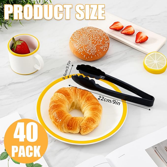 40 Pcs Plastic Tongs for Serving Bulk, 9 Inch Plastic Serving Tong Disposable, Black Kitchen Utensils Heavy Duty Salad Tongs for Food, Buffets, BBQ, Kitchen, Catering, Events and Parties