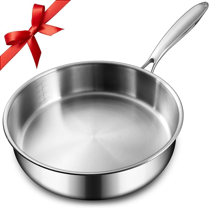 EWFEN 12 Inch Tri-Ply Stainless Steel Frying Pan, 5 Quart Deep Saute Pan, Compatible with All Cooktops Up to 600?? Induction Skillet, Dishwasher and Oven Safe, Fast & Even Heat