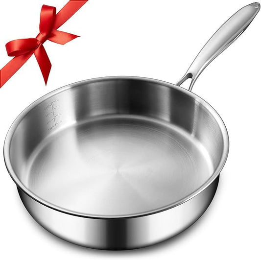 EWFEN 12 Inch Tri-Ply Stainless Steel Frying Pan, 5 Quart Deep Saute Pan, Compatible with All Cooktops Up to 600?? Induction Skillet, Dishwasher and Oven Safe, Fast & Even Heat