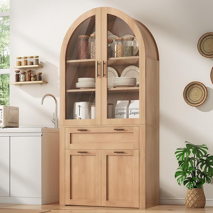 Itaar 71" Arched Kitchen Pantry Cabinet, Kitchen Storage Cabinets with 1 Large Drawer & Storage Cart 2 Tier & Door Shelves for Living Room, Dining Room, Natural