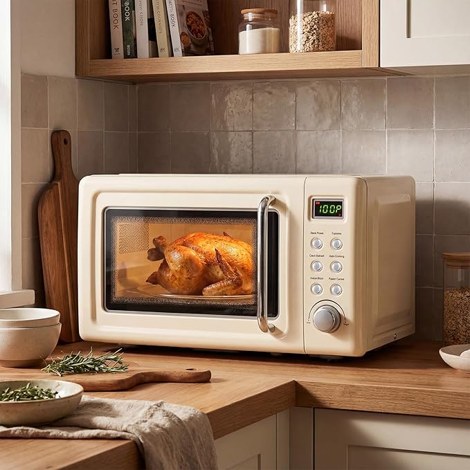 ARLIME Retro Microwave 0.7Cu.ft, 700 Watt Countertop Microwave with 5 Micro Power Defrost & Auto Cooking Function, LED Display, Child Lock, Small Microwave for Kitchen, RV, Dorm, Cream White