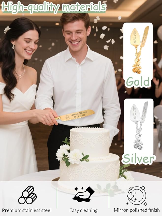 HJX Personalized Cake Knife and Server Set for Wedding - Engraved Stainless Steel Cake Cutting Set, Custom Elegant Cake Cutter Gift for Anniversary Birthday (04-Rose)