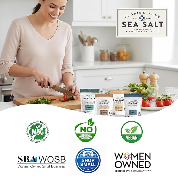 Florida Pure Sea Salt Gift Set - 4 Flavors Bundle with Garlic, Rosemary, Maple Bacon & Pure | Hand-Harvested, Mineral-Rich, All-Natural - Flaky Sea Salt for Baking Cooking, Seasoning & Enhancing Taste