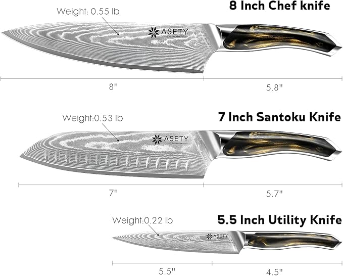 Damascus Knife Set 3 PCS: Ultra-Sharp Professional Chef Knife Set, Japanese Kitchen Knives with VG10 Steel Core, Full Tang Resin Handle, Christmas Elegant Box