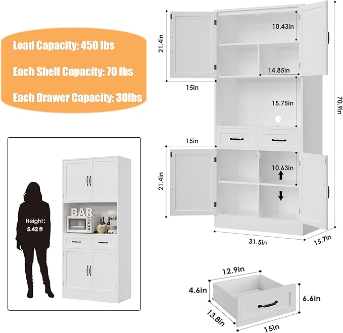 HOSTACK 71??Tall Kitchen Pantry Storage Cabinet, Modern Kitchen Hutch Bar Cabinet with Microwave Stand, Wood Buffet Sideboard with Hutch, Cupboard with Drawers, Shelves for Dining Room, White