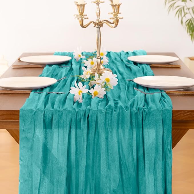 Socomi Teal Blue Spring Cheesecloth Table Runner Boho Rustic Gauze 120 inch 10FT Cheese Cloth Runner for Wedding Party Baby Shower Birthday Home Decor