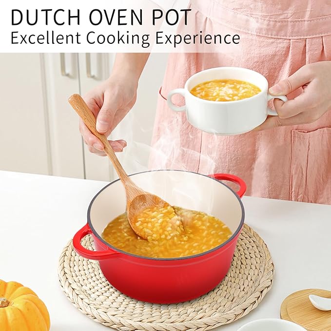 6 Quart Enameled Cast Iron Dutch Oven Pot with Lid and Silicone Accessories, Oven Safe up to 500째F or on Stovetop, Non-stick Dutch Oven for Bread Baking, Cooking, Dual Handles Cookware, Red