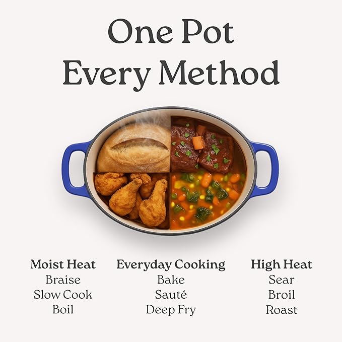 Signature Enameled Cast Iron Oval Dutch Oven | Non-Stick Serving Pot with Tight Fitting Lid for Perfect Roasting, Baking, Sauteing, and Bread Making | 5Q [Oyster Grey]