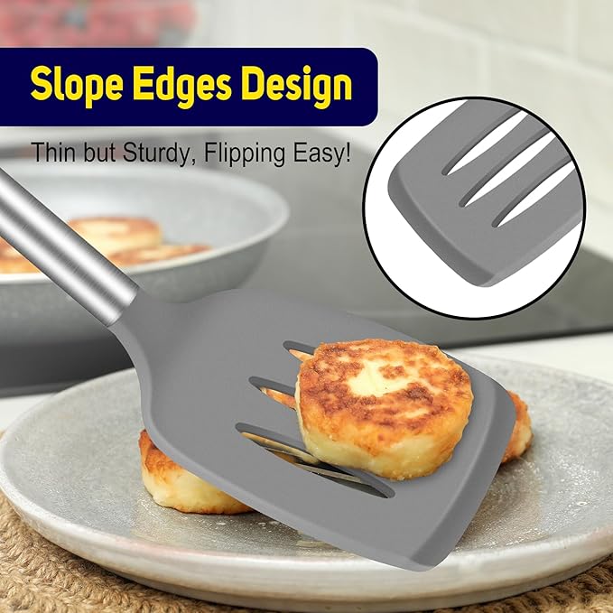 HOTEC Silicone Spatula Set of 2 Heat-Resistant 600째F & BPA-Free Kitchen SaptulaTurner with Stainless Steel Handles, Slotted & Solid Spatulas for Nonstick Cookware, 13.7 Inch, Grey
