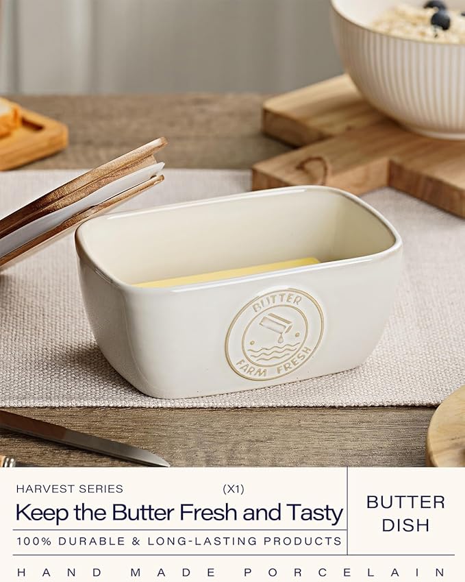 Getstar Ceramic Butter Dish with Acacia Lid for Countertop, Silicone Sealing, Farmhouse Kitchen Counter Decor, Large Butter Keeper Container (6.5?쓝4??