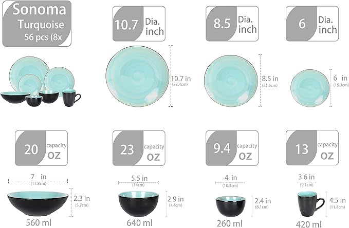 Stoneware Sonoma Dinnerware Set, Black + Speckled Spin Wash (56pc Set, Turquoise)