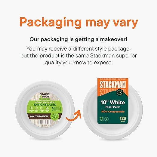 Stack Man 100% Compostable Paper Plates 10 Inch Heavy-Duty [125-Pack] Eco-Friendly White Bagasse Disposable Dinner Plates From Natural Sugarcane - 10" Biodegradable Plate (BPI-Certified) (PFAS-Free)