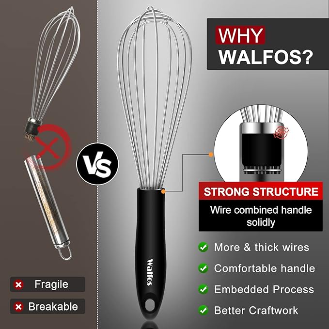 Walfos Whisk,Whisks for cooking set, 304 Stainless steel Whisks,Heat Resistant 600째F.Perfect for Blending Beating Stirring - 11inFlat Whisk and 7+9+11in Balloon Whisk