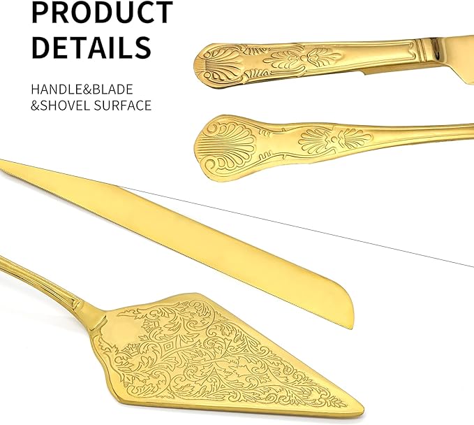 Vintage Wedding Cake Knife and Server Set, Stainless Steel Cake Pie Pastry Cutting Knife & Serving Spatula Set, Premium Party Supplies for Wedding, Birthday, Anniversary & Events, Gold