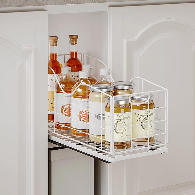 Pull out Narrow Cabinet Organizer,Carbon Steel Pull Out Drawer,Fixed Heavy Duty Kitchen Cabinet Slide Out Shelves for Storing and Organizing Bathrooms, Kitchens, Bedroom (White, Deep 16.7")