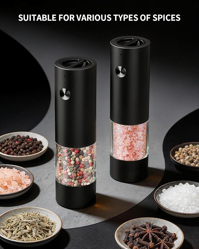 CIRCLE JOY Electric Salt and Pepper Grinder Set with 2-in-1 Charging & Storage Base, Rechargeable Automatic Pepper Mill, Adjustable Coarseness, LED Light, 140ml Capacity