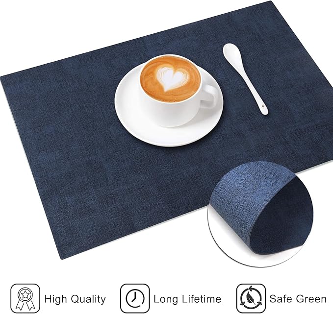 LANDVIEW Leather Heat Resistant Placemats Set of 6 Waterproof Wipeable Washable PU Table Mats,Easy to Clean Anti-Slip Place Mats (Navy Blue, 6)