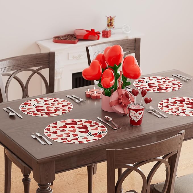 XCHI Watercolor Red Love Hearts Valentine?셲 Day Round Placemats Set of 4 Table Mats for Party Home Kitchen Dining Table Decorations 14x14 Inch