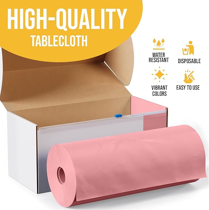 Party Solids 54 Inch X 300 Feet Pink Plastic Table Cover Roll in A Cut - to - Size Box with Convenient Slide Cutter. Cuts Up to 36 Rectangle 8 Feet Plastic Disposable Tablecloths