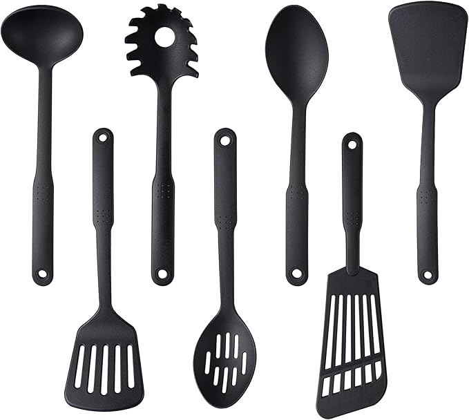 TJ POP Kitchen Utensils Set, 7PCS Cooking Utensils Set 410F째 Heat Resistant & Non-stick Food Nylon Kitchen Gadgets Accessories For Cookware, BPA Free Kitchen Tools Gift (Black)