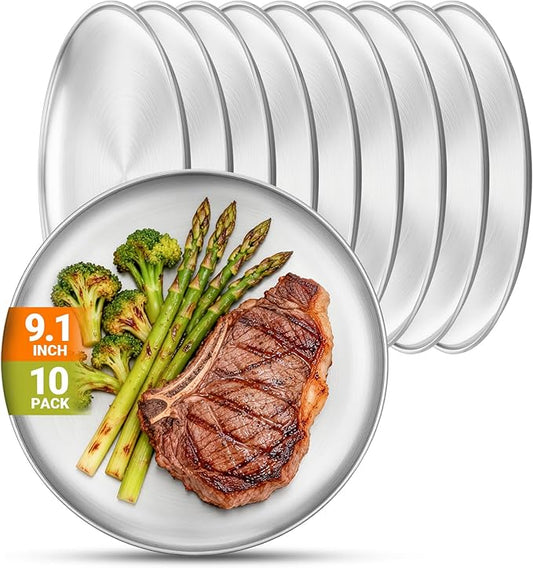 Metal Camping Plates, 10 Pack 9.1 inch Small 201 Stainless Steel Plates, Reusable Pizza Food Serving Snack Eating Salad Dishes Round Brushed Finish Silver Sturdy Dish Oven Dishwasher Safe