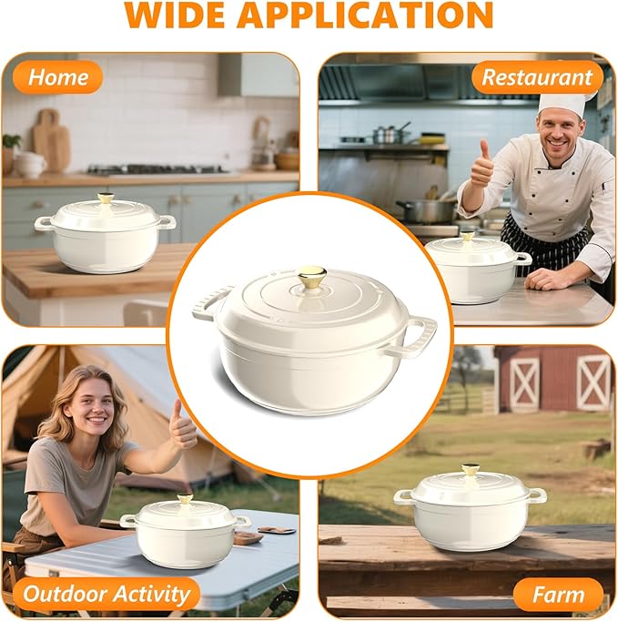 ROVSUN Enameled Cast Iron Round Dutch Oven, 6QT Pot with Lid &Dual Handles with Silicone Gloves,Oven Safe up to 500째F, Heavy-Duty Pre-Seasoned Cookware for Bread Baking, Braising, Stews, Roasting, Cream White