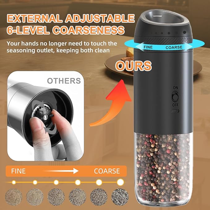 Gravity Electric Salt and Pepper Grinder Set Rechargeable, External Adjustable Coarseness, Automatic Salt and Pepper Shakers Mill with LED Light, 6oz/176ml Large Capacity, House Warming Gifts (2 Pack)
