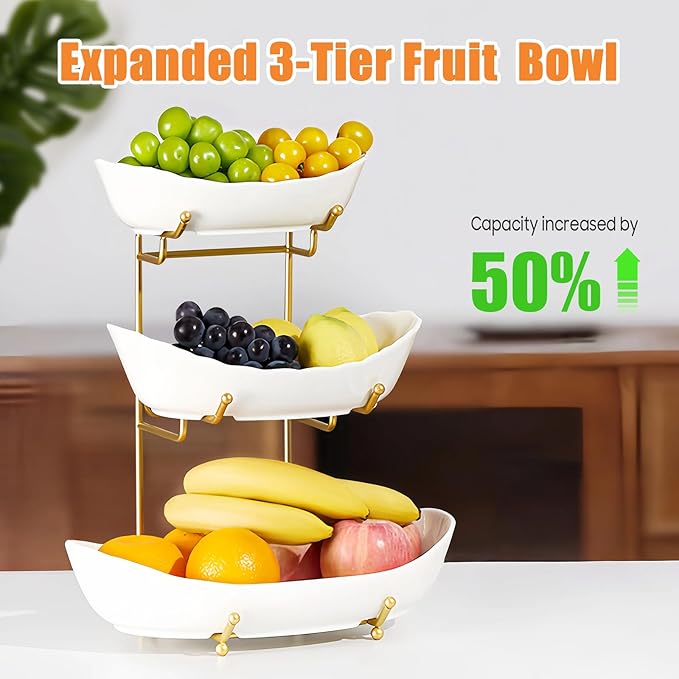 Ceramic Fruit Bowl for Kitchen Counter - 3 Tier Fruit Basket with Metal Stand, Tiered Fruit Stand for Countertop, Snack, Nuts, Cake, Dessert, Cute (Gold, Large)