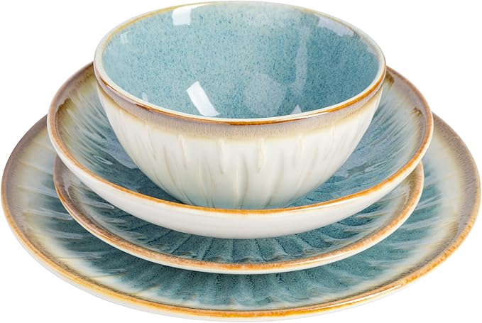 Gibson Elite Mayfair Bay 16-Piece Embossed Double Bowl Dinnerware Set, Service for 4 ??Blue Stoneware Plates and Bowls