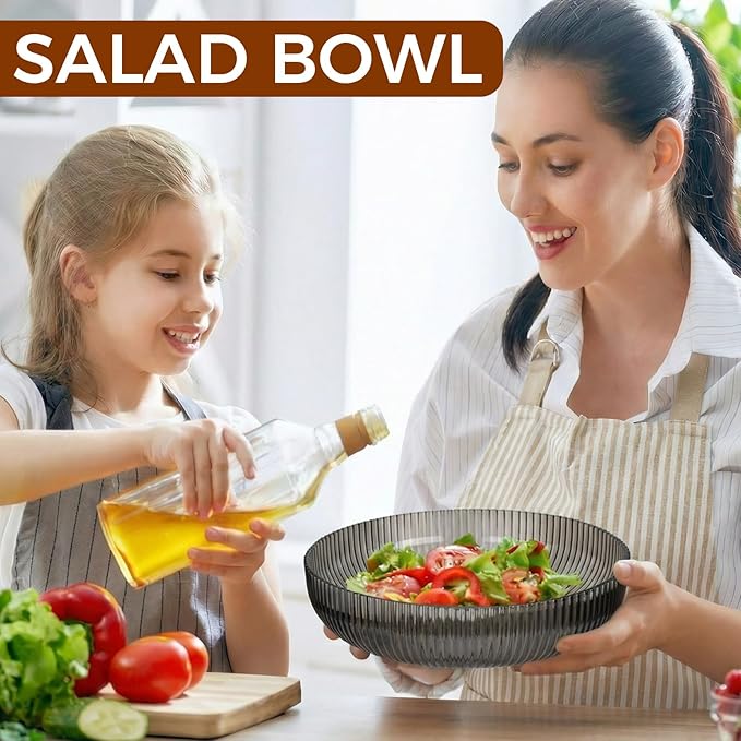 10 Pack 10 Inch Large Plastic Serving Bowls Salad Mixing Bowl Vertical Ribbed Pattern Buffet Party Serving Bowls for Vegetable Fruit Salad Candy Chip Popcorn Snack(Glacier Grey)