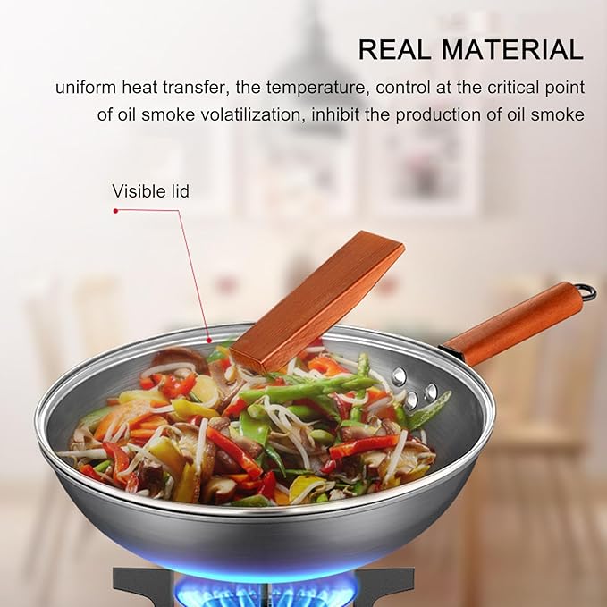 13'' Woks & Stir-Fry Pans Set with Lid & Wooden Handle, No Chemical Flat Bottom Chinese Woks Pan for Induction, Gas, Halogen All Stoves