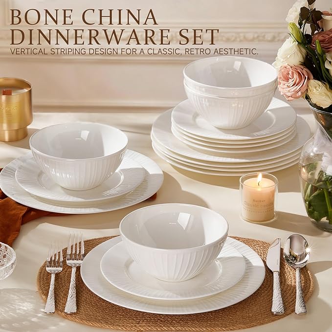 KINGSTONE 12-Piece Bone China Dinnerware Set with 20-Piece flatware, White Lightweight Porcelain Service for 4, for Family Dining, Restaurants, Gifting竊똌icrowave and Dishwasher Safe