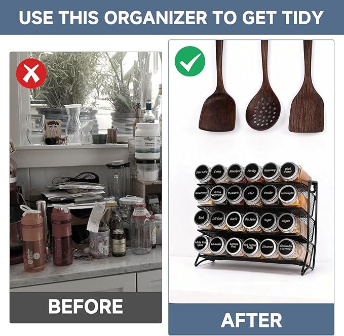 DIDITIME Spice Rack Organizer with 24 Glass Jars and 60 Spice Labels, Seasoning Organizer for Kitchen, Countertop, Cabinet, Pantry, Cupboard竊똕pice Organization for Cabinet竊?Space-Saving & Tidy