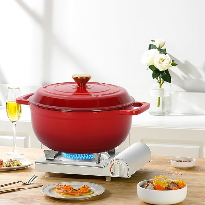 Dutch Oven Pot with Lid, 6 Quart Enameled Cast Iron Dutch Oven, Dual Handles, Kitchen Pots Oven Safe up to 500째F, Stovetop Compatible, Marinate, Cook, Bread Baking, Refrigerate & Serve, Red