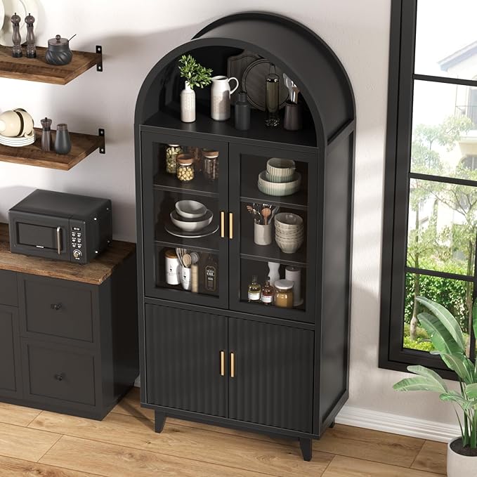 Kitchen Pantry Cabinet with Glass Doors - Arched Design, Solid Wood Legs, Artistic Fluted Door, Adjustable Shelves, 70.8" Curved Storage Cabinet for Kitchen, Dining Room