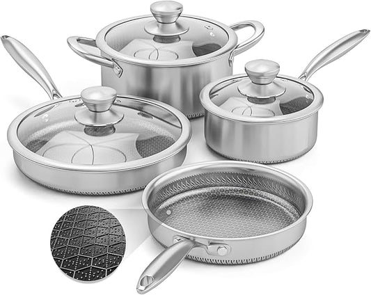 AuFranc짰 Hybrid Nonstick Stainless Steel Pots and Pans Set, Induction Cookware Set with Tempered Glass Lids, Non-stick Pot and Pan Set Suitable for All Cooktops, Non-Toxic, Dishwasher & Oven Safe