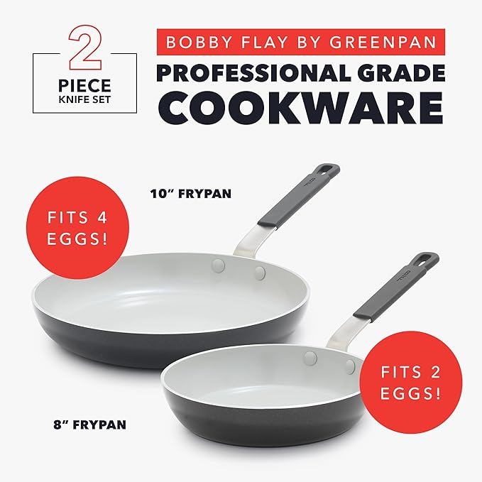 GreenPan x Bobby Flay 2 Piece- 8??and 10??Nonstick Frying Pan Skillet Set, PFAS-Free Diamond Ceramic, Induction Suitable, Stay-Cool Silicone Handle, Easy Clean Dishwasher & Oven Safe, Graphite