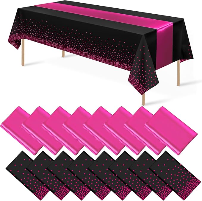 MASHAN 16Pack Disposable Plastic Party Tablecloths and Satin Table Runner Set - Black Hot Pink Dot - Wedding, Birthday, Baby Shower, Anniversary, Holiday Party Decorations