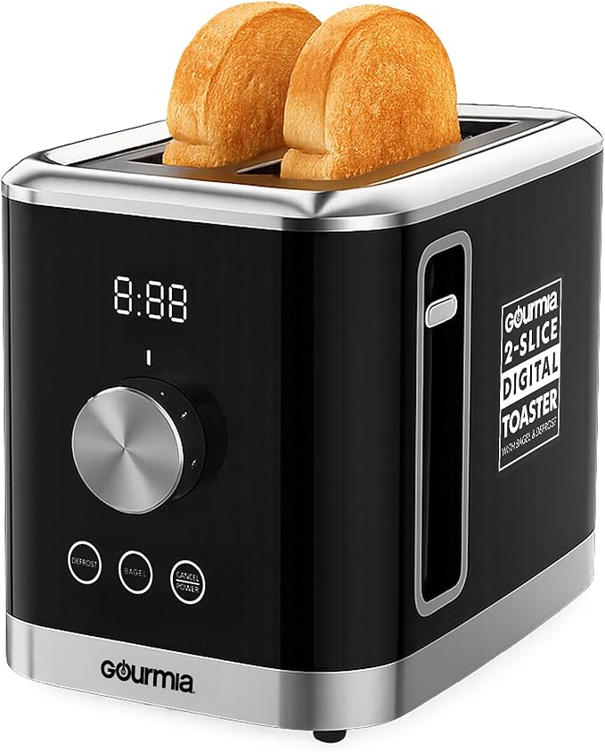 Gourmia 2 Slice Toaster ??6 Browning Levels with Bagel and Defrost Mode, One-Touch Toasting, Removable Crumb Tray, Extra Wide Slots, Compact Design, Black