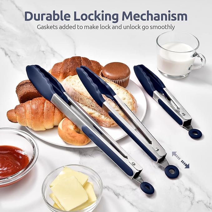 600쨘F Heat Resistant Kitchen Tongs: U-Taste 7/9/12 inch Silicone Cooking Tong Set with Non Stick Rubber Tips and Silicon Coated 18/8 Stainless Steel Handle for Serving Grilling Salad(Midnight Blue)