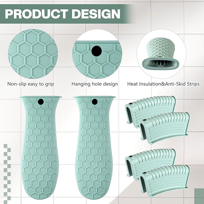 Patelai 8 Pcs Silicone Pot Holders Cast Iron Handle Cover Heat Resistant Pot Handle Covers Potholder Non Slip Reusable Pan Sleeve for Frying Pan Kitchen Supplies(Mint Green)