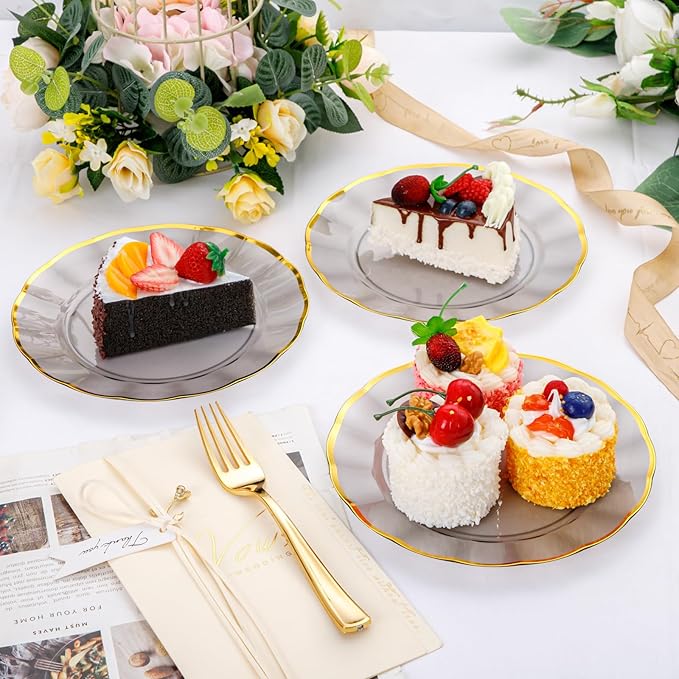 EI 150pcs Clear Black Dinnerware Set,Clear Black Fancy Plastic Plates with Gold Rimmed and Gold Plastic Silverware,Heavy Duty Party Plates Disposable for Afternoon Tea,Business Events,Hotel Banquets