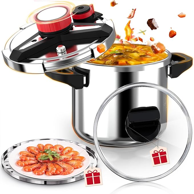 18/8 Stainless Steel Pressure Cooker 10 Quart, [One-Hand Locking] Pressure Cooker, [3-In-1] Olla de Presion, Induction Compatible, Gas Stovetop Compatible,Steamer Rack & Includes Glass Lid