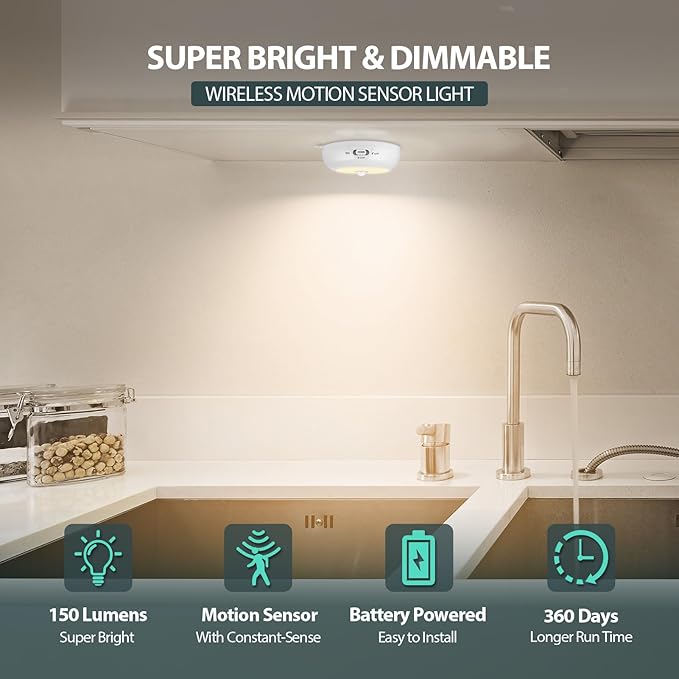 BLS 3.3??Motion Sensor Light Indoor AA Battery Powered, Under Cabinet Lighting Battery Operated, Magnetic Stick on LED Puck Nights Lights for Kitchen, Wall, Stair, Dimmable, 3000K Warm White (3 Pack)