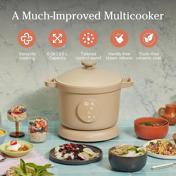 Our Place Dream Cooker | 6 Qt Ceramic Nonstick Multicooker & Pressure Cooker with Touchscreen Controls & Auto Steam Release | 4 Modes: Pressure Cook, Saut챕/Sear, Slow Cook & Warm | Steam