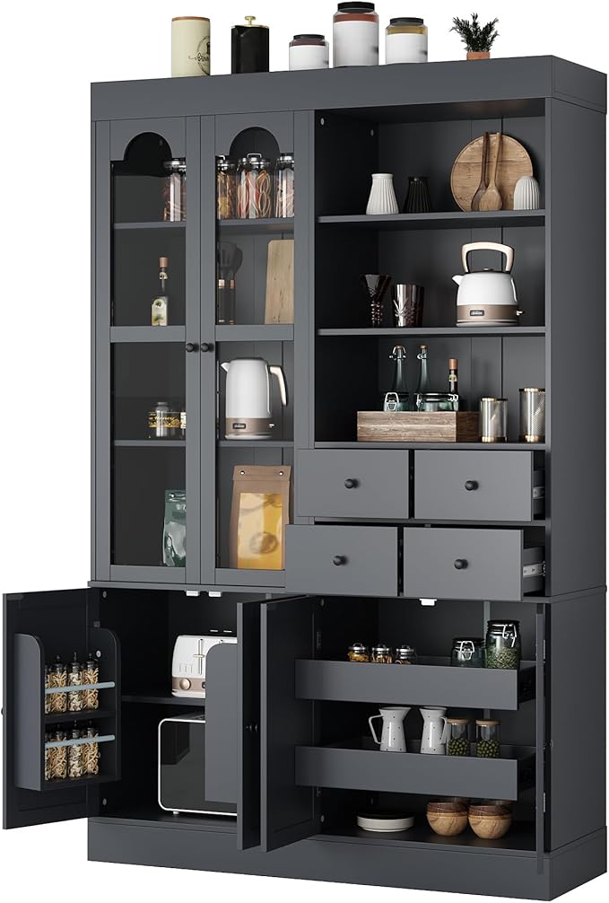 75-inch Tall Kitchen Pantry Cabinet, Freestanding Buffet with Hutch, Storage Cabinet with 4 Drawers, Door Shelves and Pull-Out Trays for Dining Room (Gray + MDF + Farmhouse)